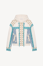 Women's white hooded zip hoodie with star embellishments and turquoise fringe