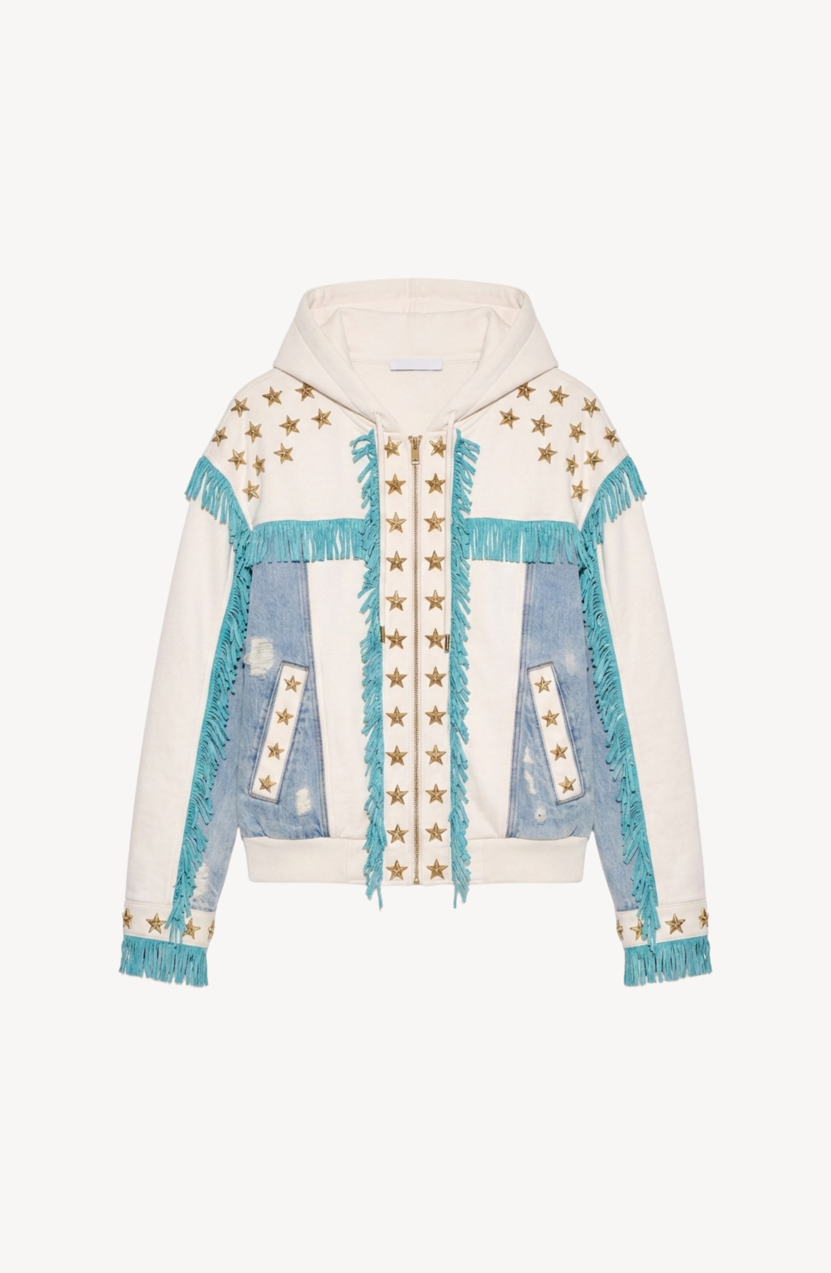 Women's white hooded zip hoodie with star embellishments and turquoise fringe