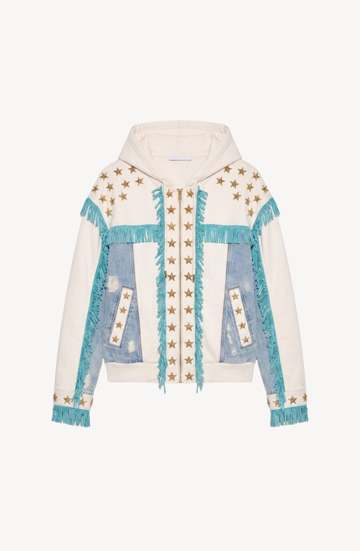 Women's white hooded zip hoodie with star embellishments and turquoise fringe