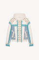 Women's white hooded zip hoodie with star embellishments and turquoise fringe