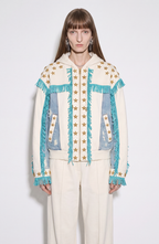 Women's white hooded zip hoodie with star embellishments and turquoise fringe