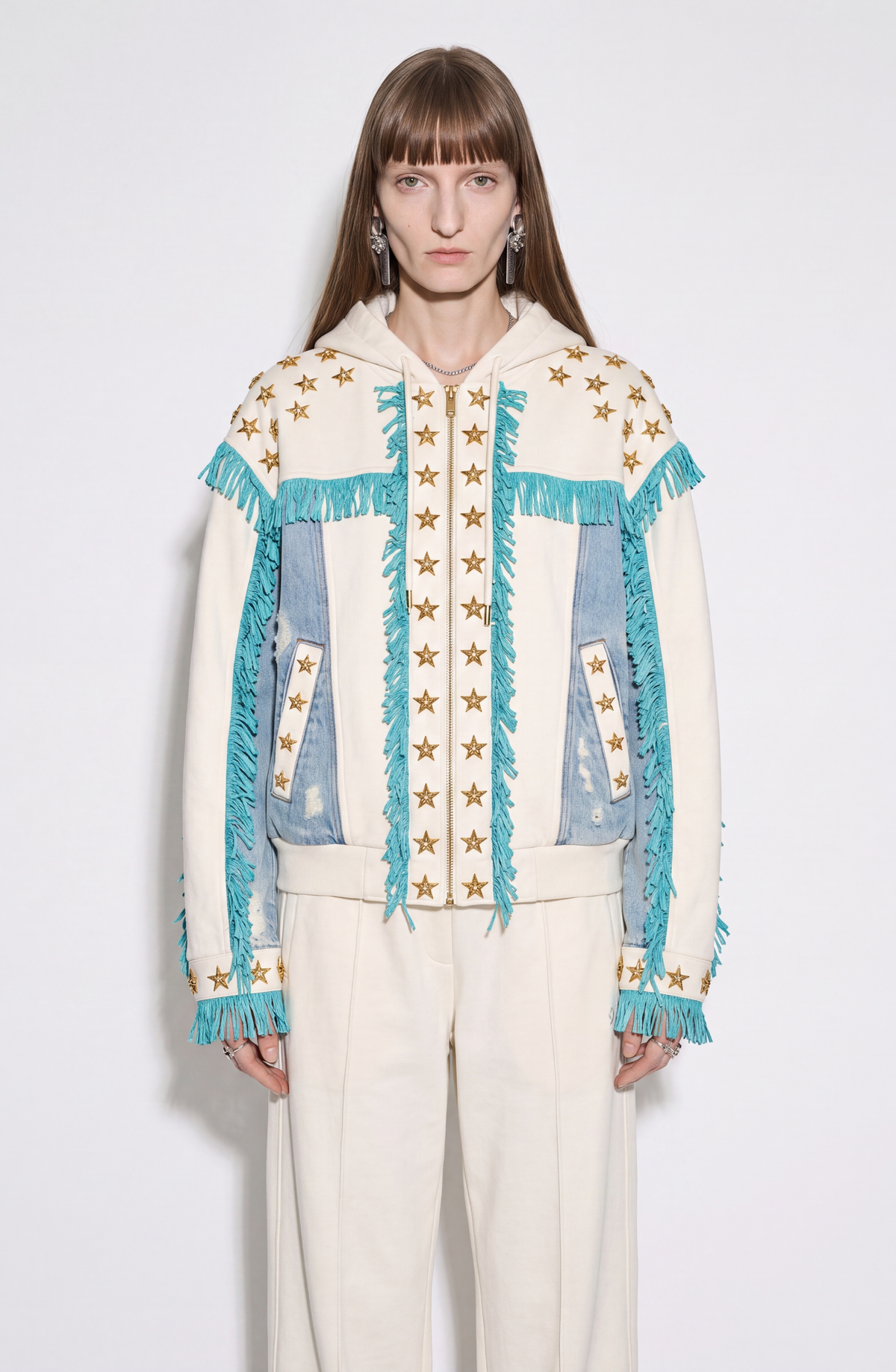 Women's white hooded zip hoodie with star embellishments and turquoise fringe