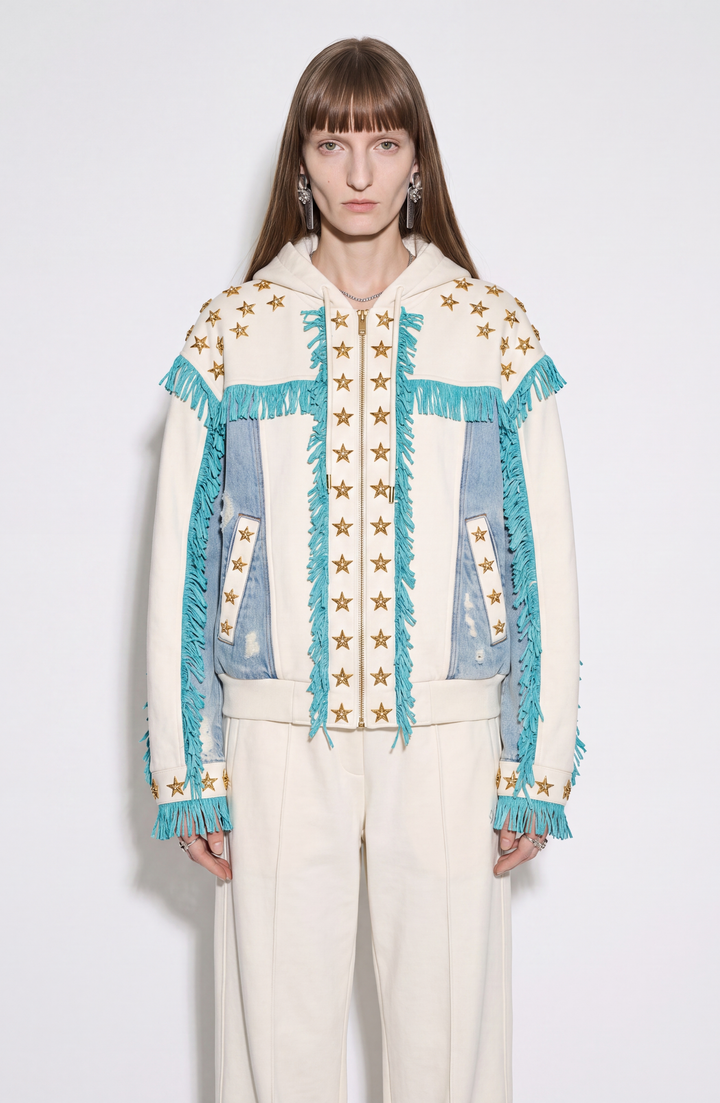 Women's white hooded zip hoodie with star embellishments and turquoise fringe