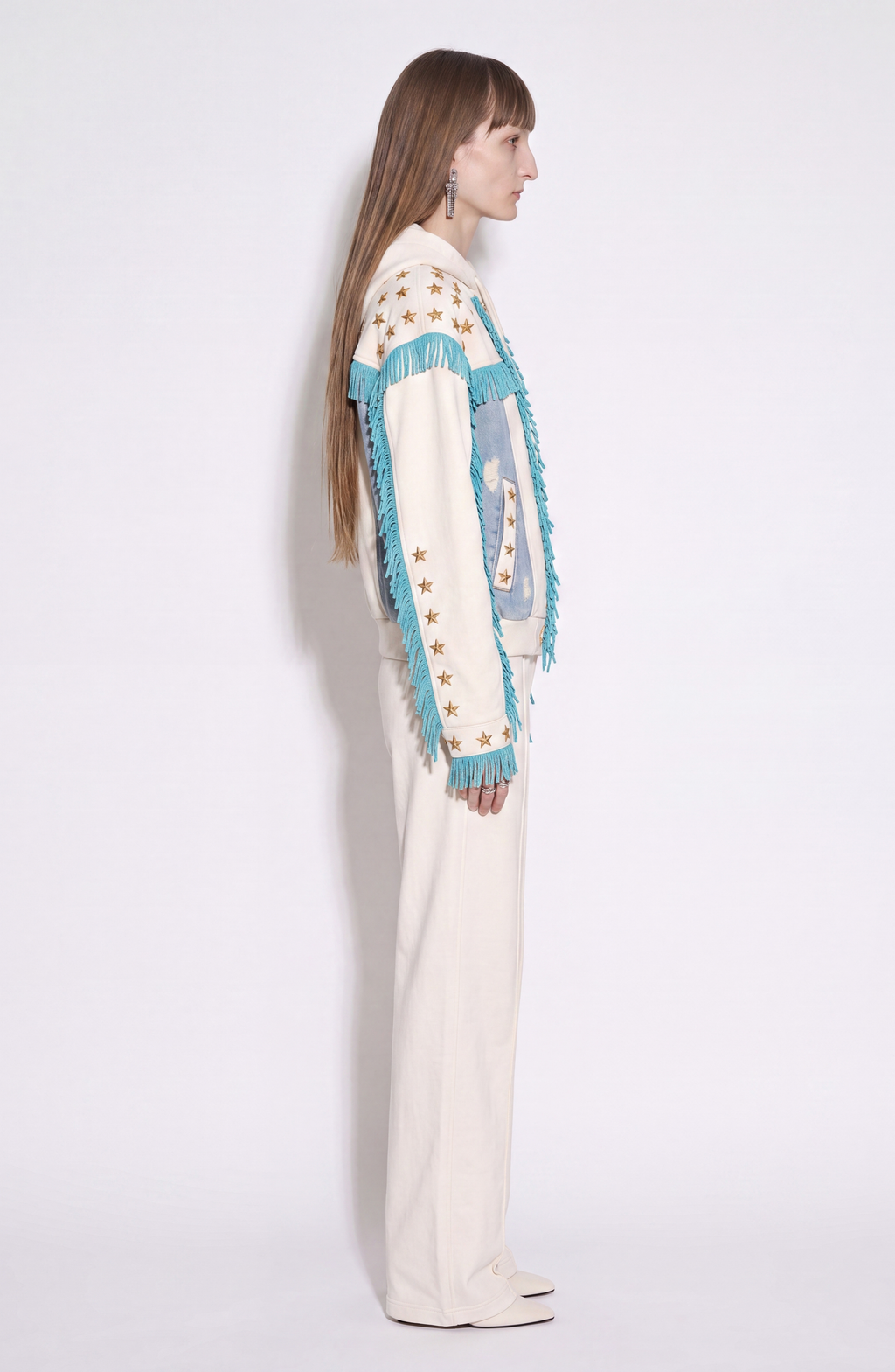 Women's white hooded zip hoodie with star embellishments and turquoise fringe