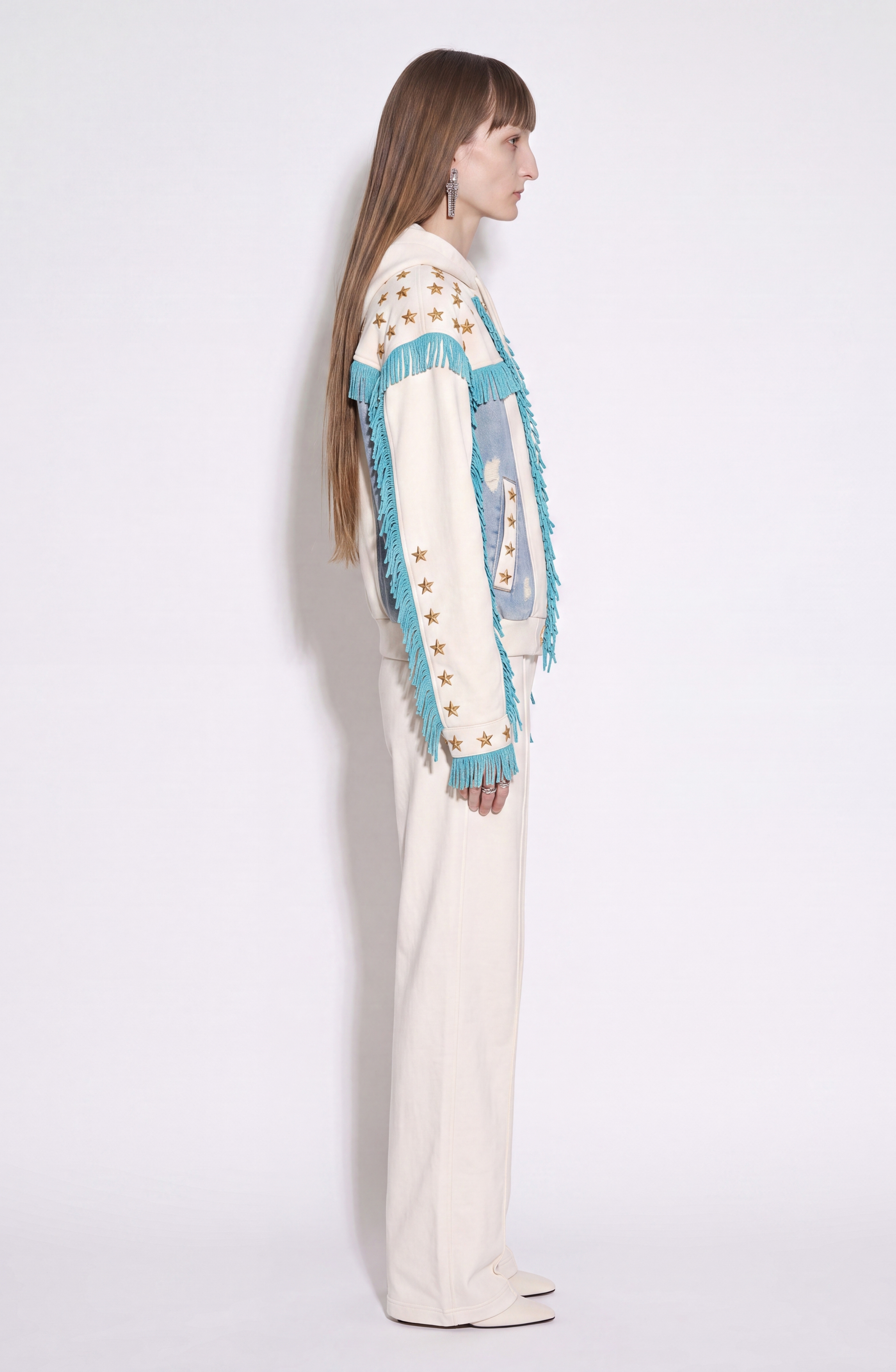 Women's white hooded zip hoodie with star embellishments and turquoise fringe