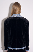 Women's black blazer with blue denim lapels, silver embellishments and long sleeves