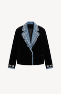 Women's black blazer with blue denim lapels, silver embellishments and long sleeves