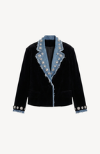 Women's black blazer with blue denim lapels, silver embellishments and long sleeves