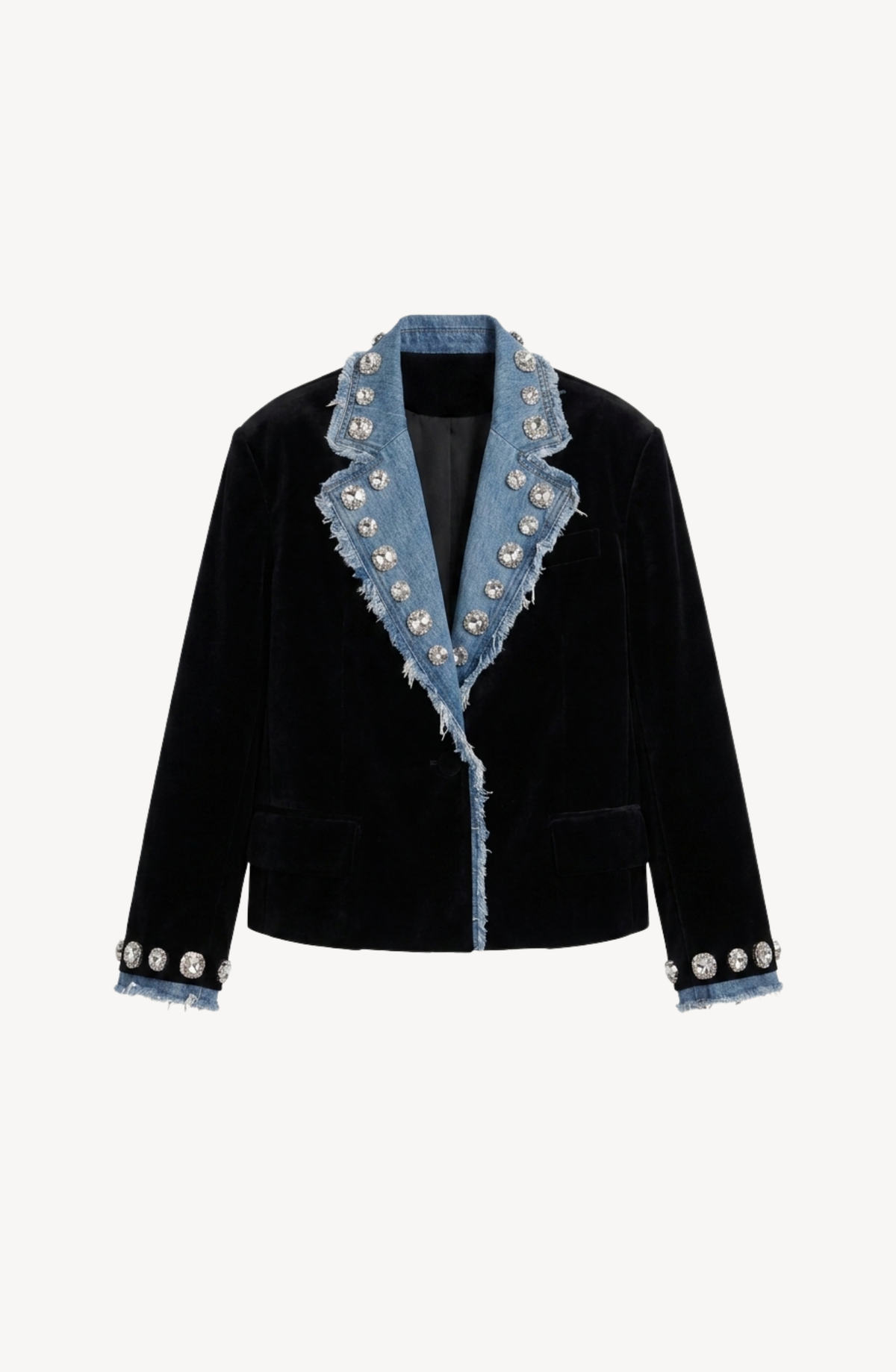Women's black blazer with blue denim lapels, silver embellishments and long sleeves