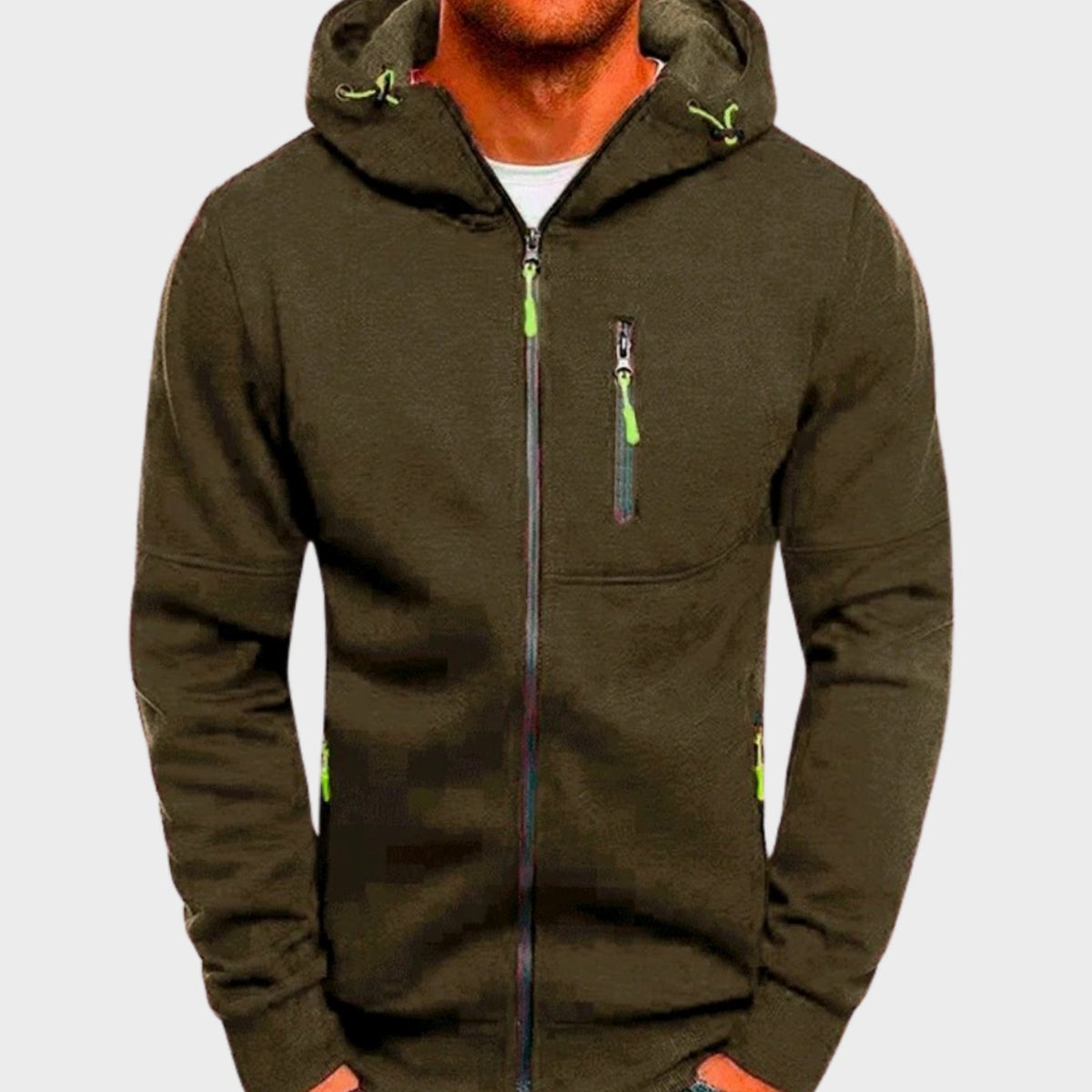 Men's hooded full zip hoodie with zipped chest and side pockets