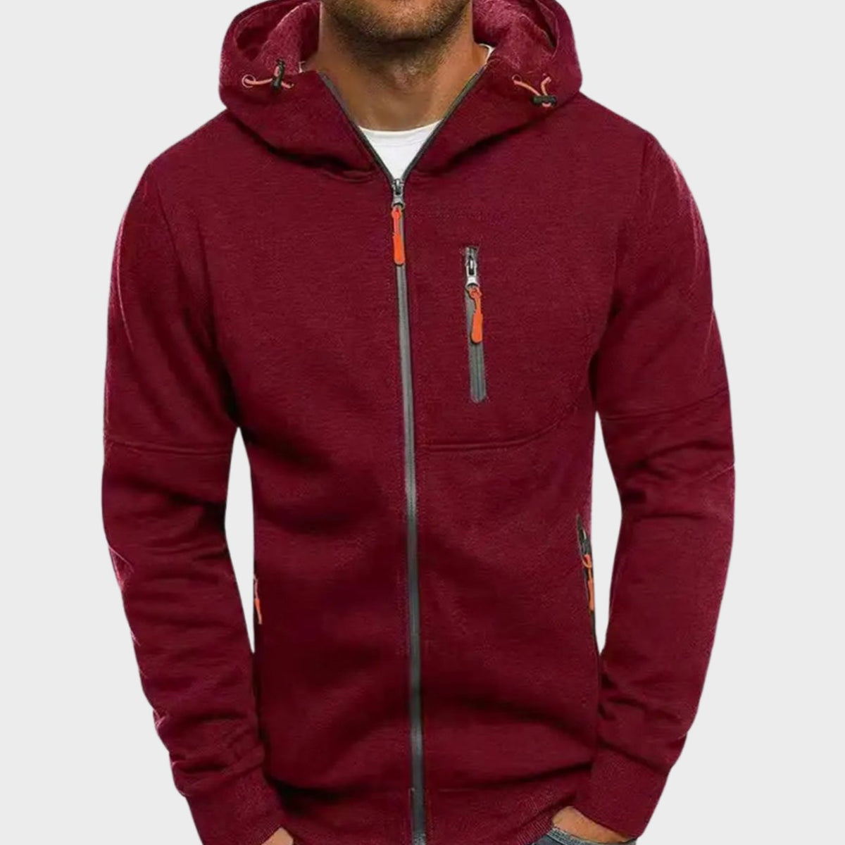 Men's hooded full zip hoodie with zipped chest and side pockets