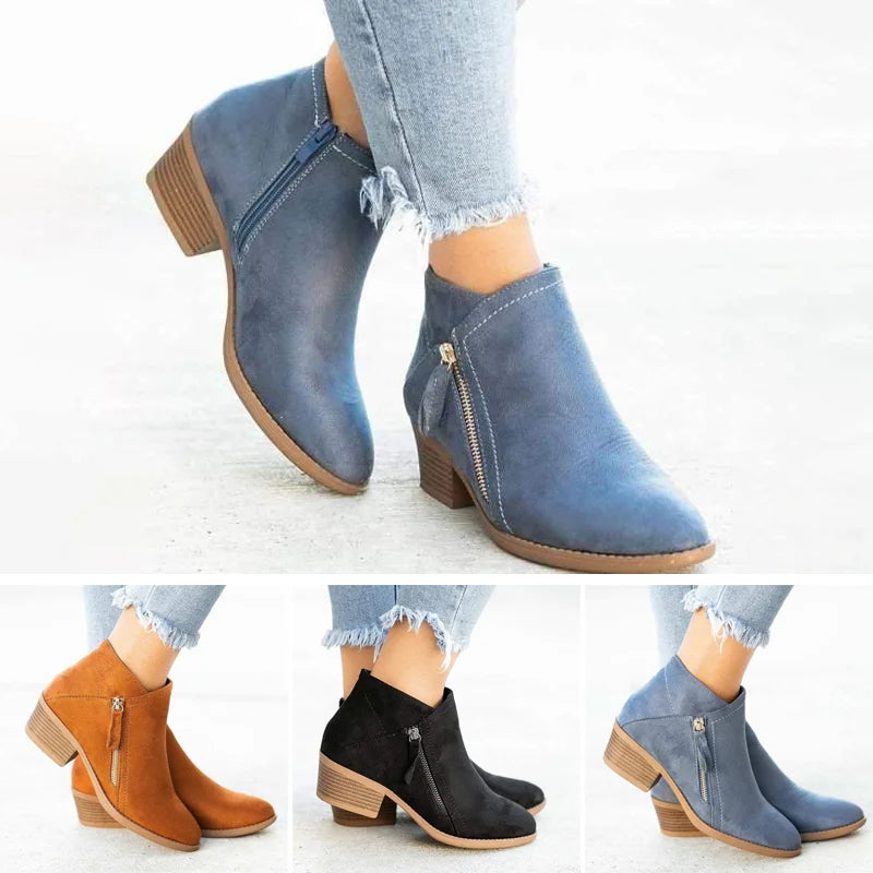 Women's ankle boots with side zippers and low stacked block heels