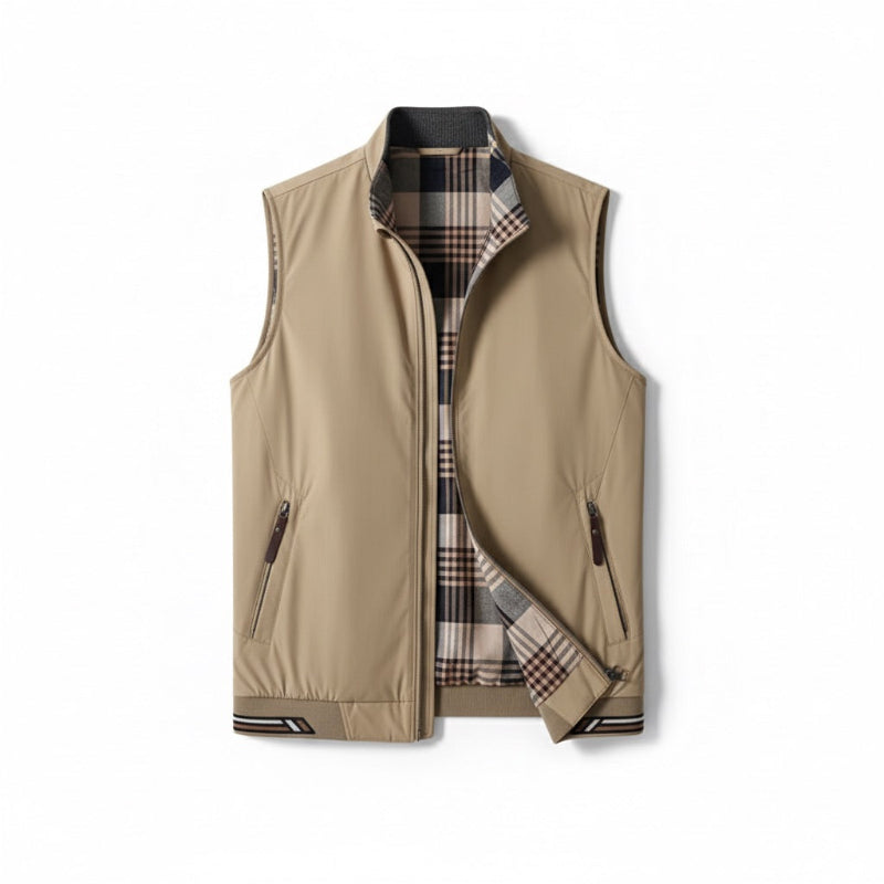 Men's sleeveless zip vest with stand collar, angled zipped pockets and checked lining