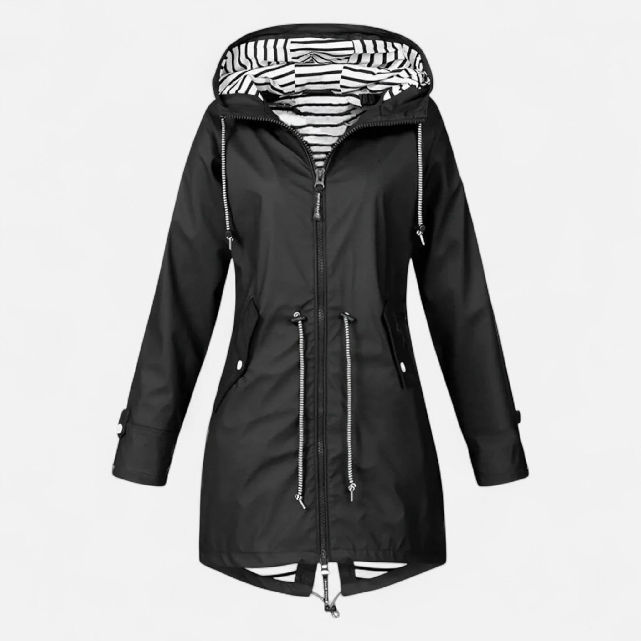 Women's long hooded raincoat with striped lining and zipped pockets