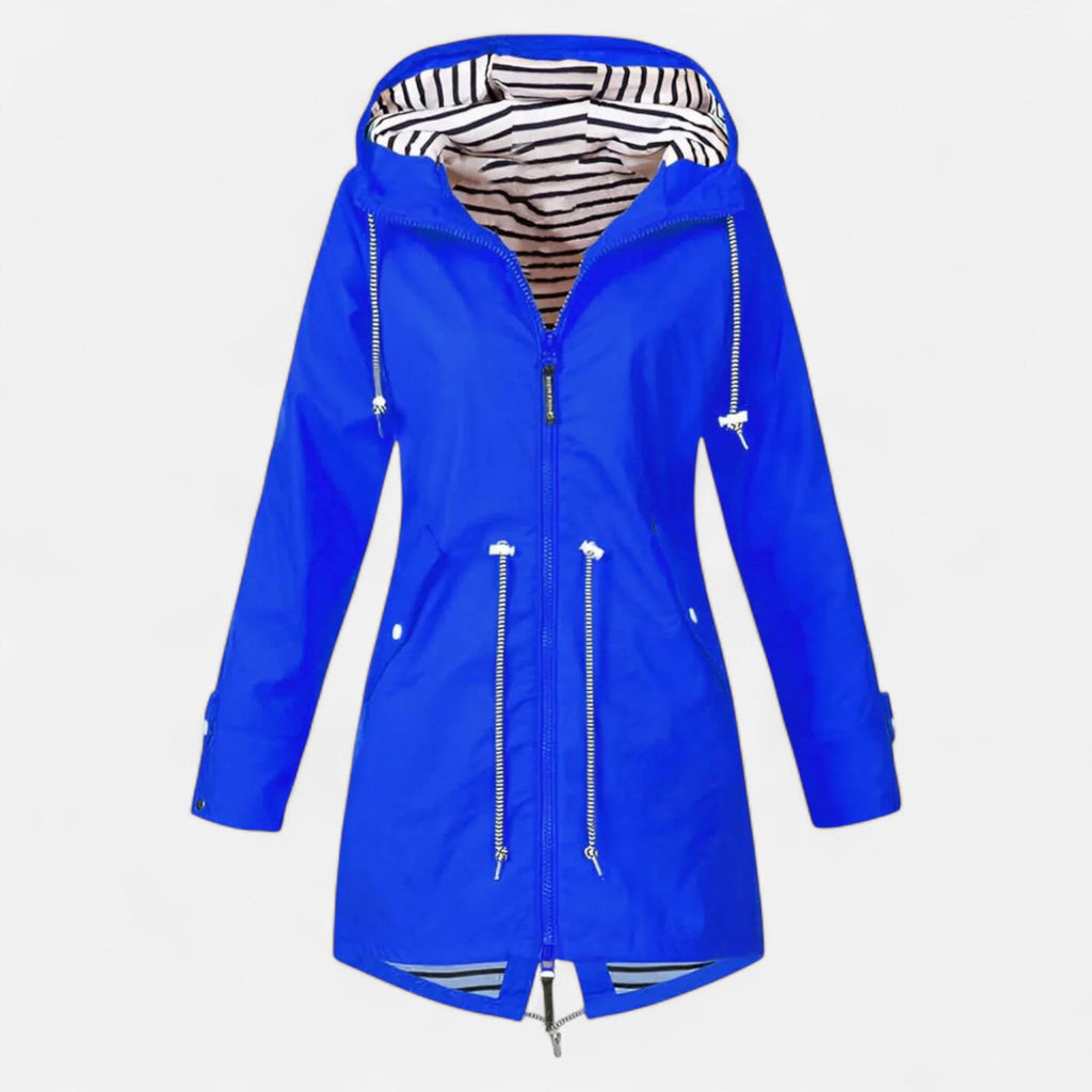 Women's long hooded raincoat with striped lining and zipped pockets