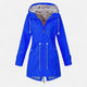 Women's long hooded raincoat with striped lining and zipped pockets
