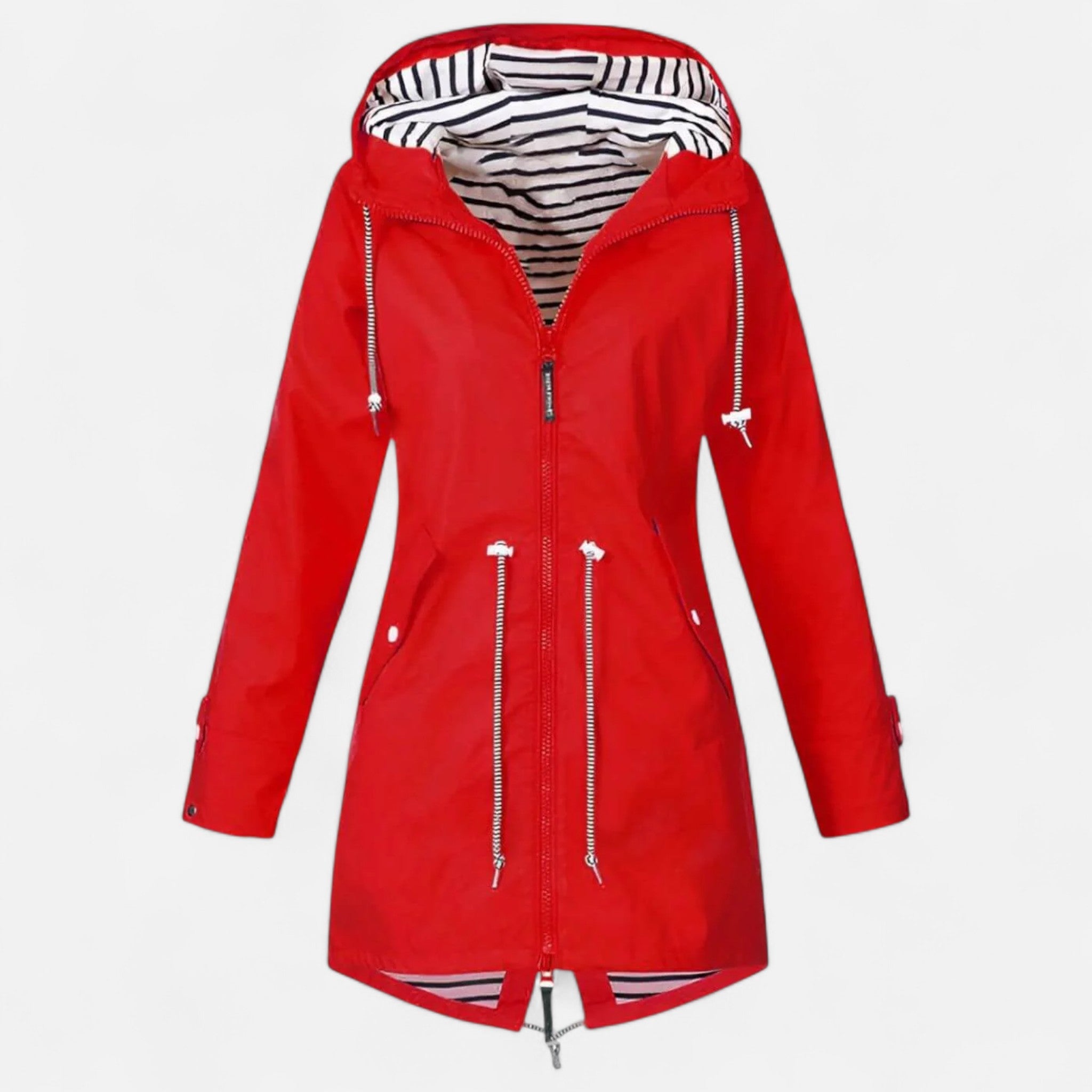 Women's long hooded raincoat with striped lining and zipped pockets