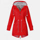 Women's long hooded raincoat with striped lining and zipped pockets