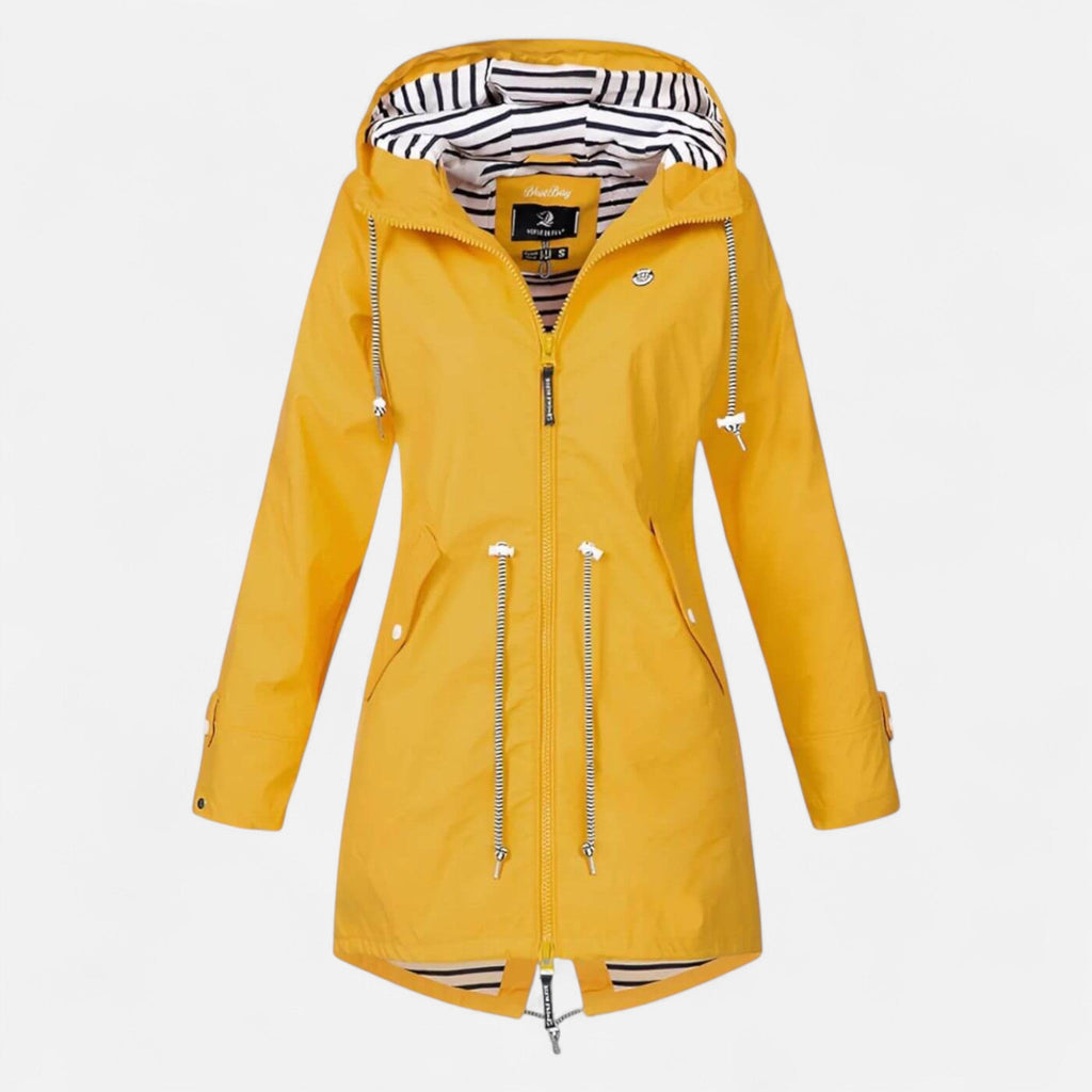 Women's long hooded raincoat with striped lining and zipped pockets