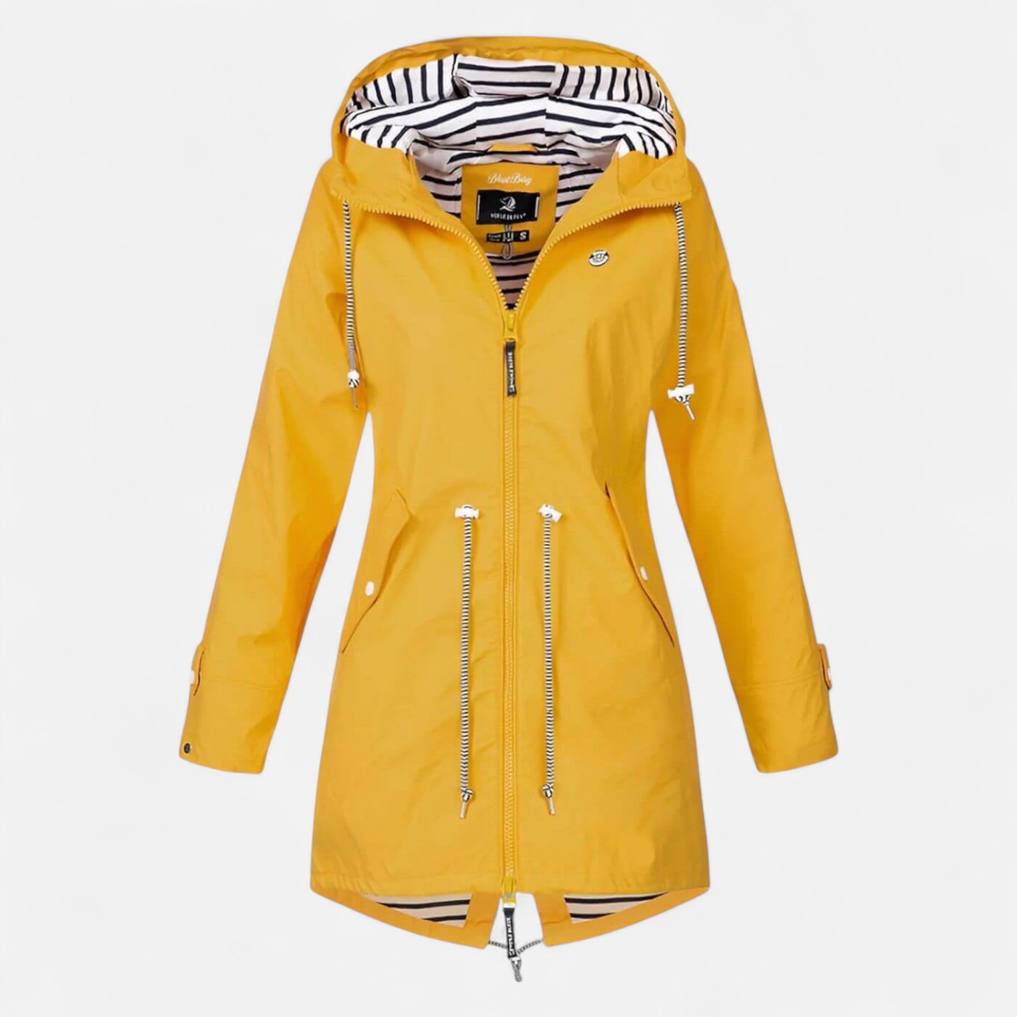 Women's long hooded raincoat with striped lining and zipped pockets