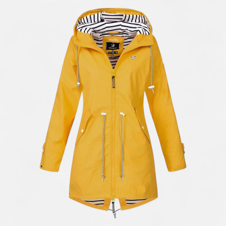Women's long hooded raincoat with striped lining and zipped pockets