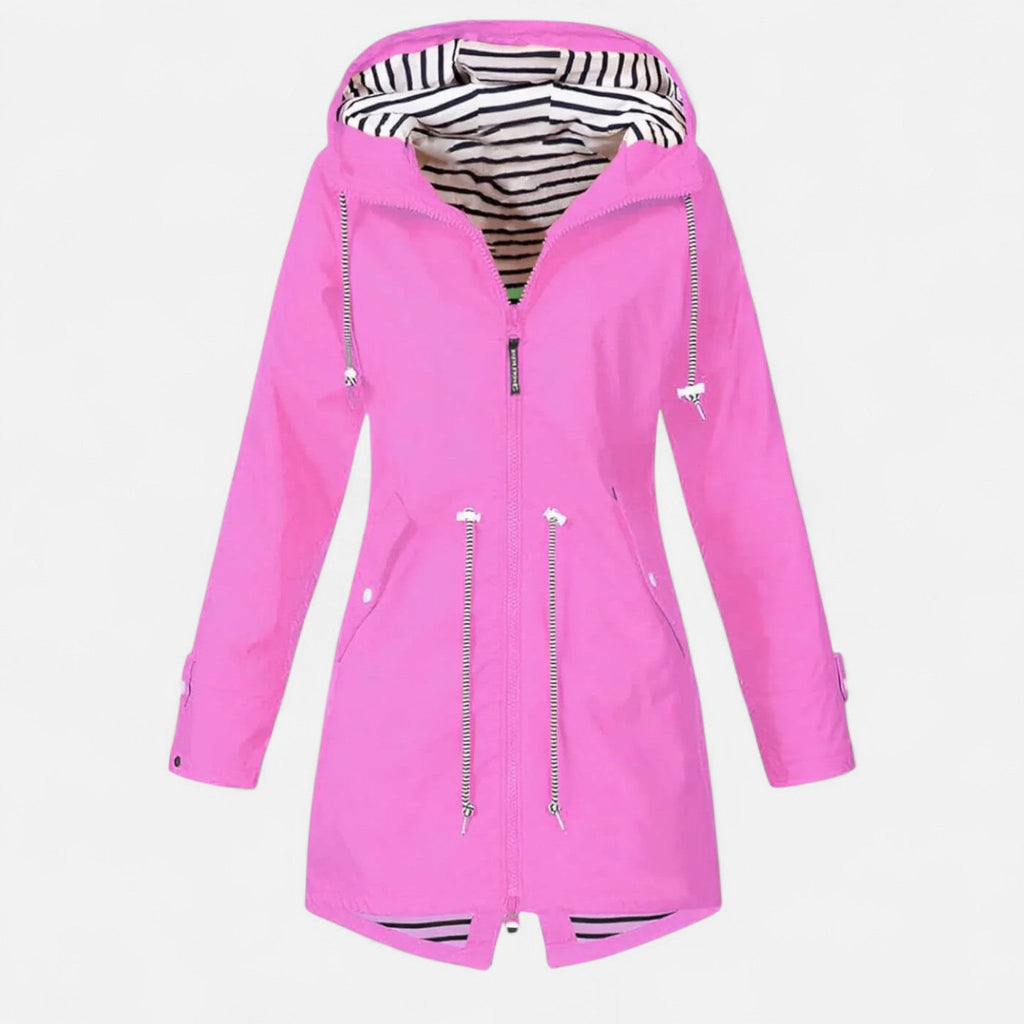 Women's long hooded raincoat with striped lining and zipped pockets