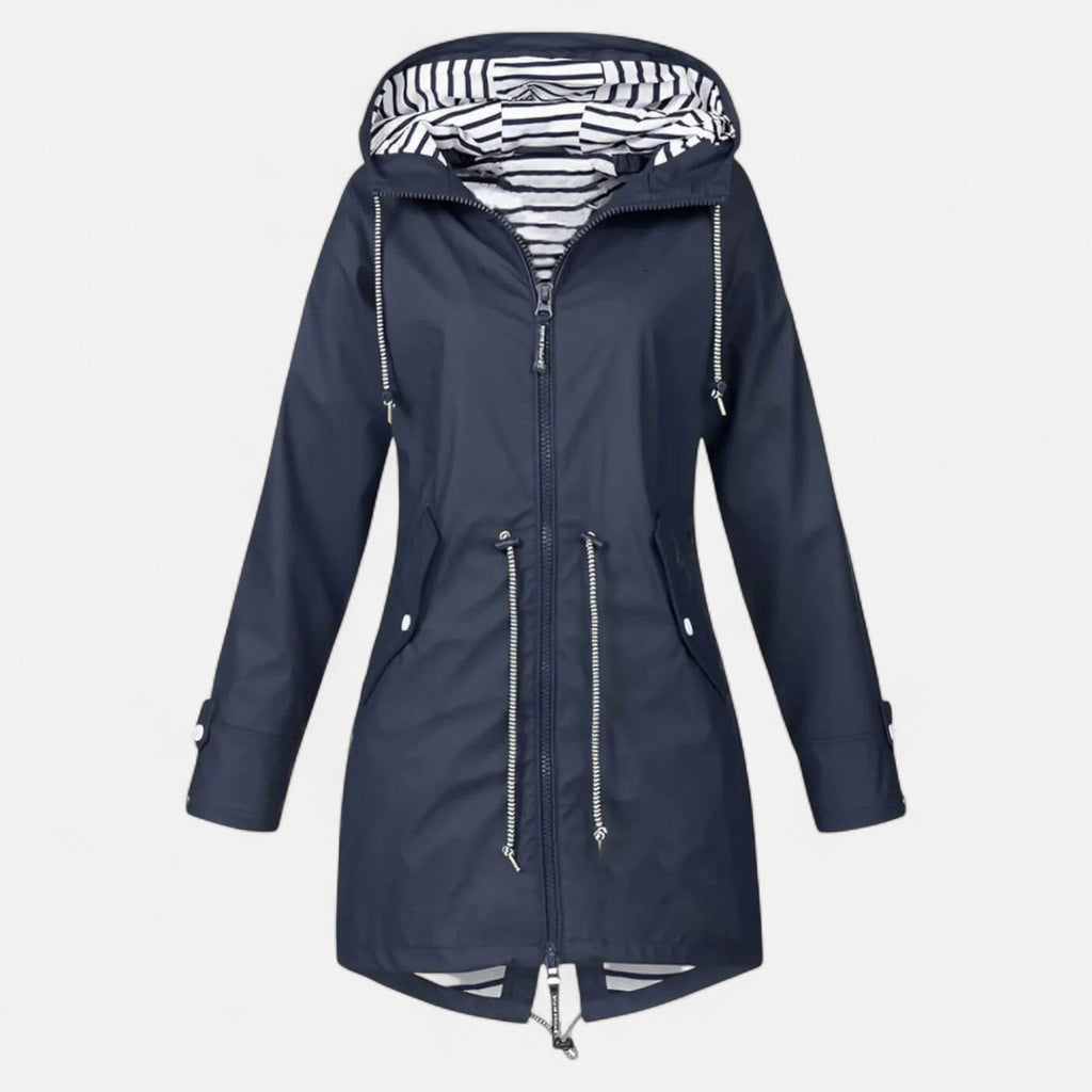 Women's long hooded raincoat with striped lining and zipped pockets