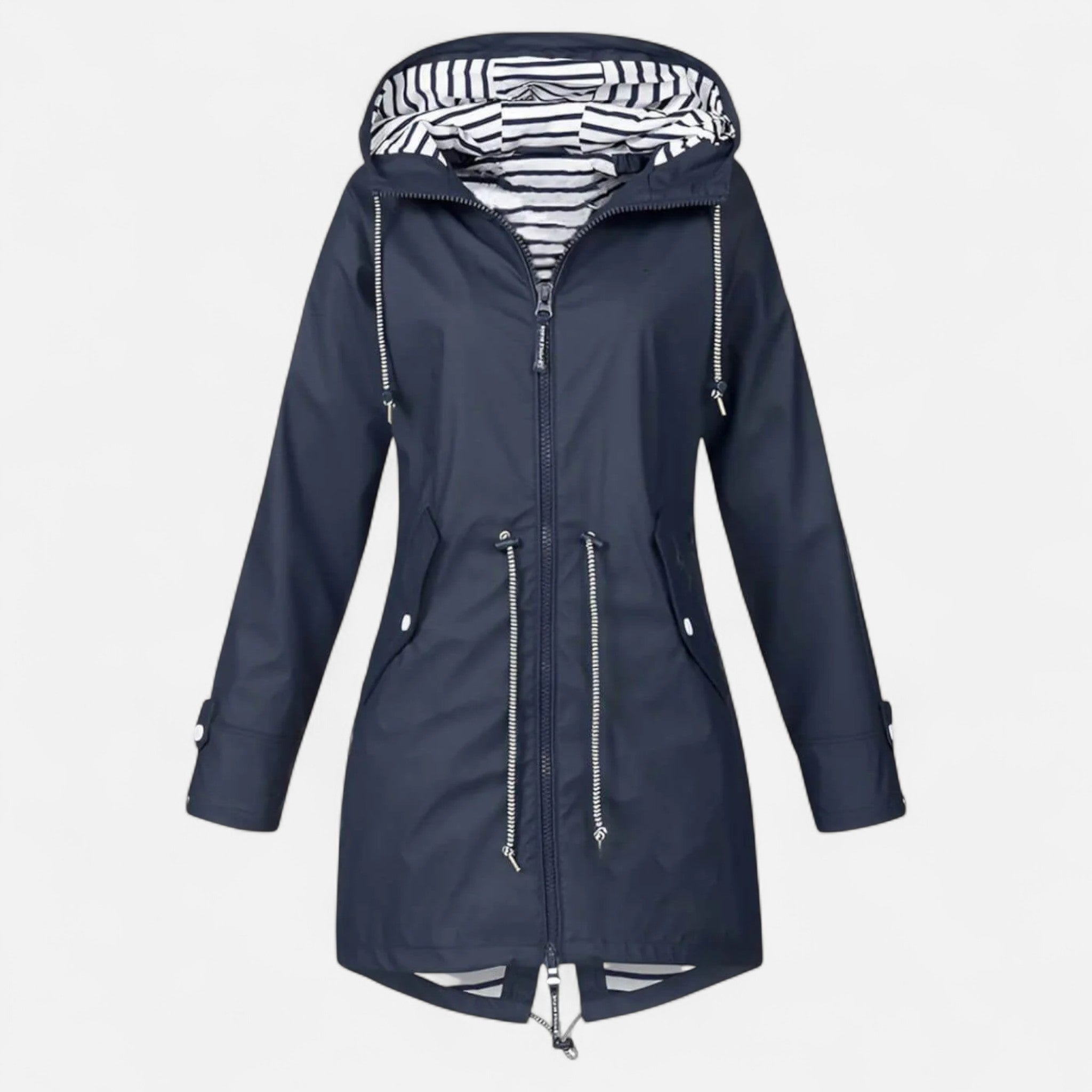 Women's long hooded raincoat with striped lining and zipped pockets