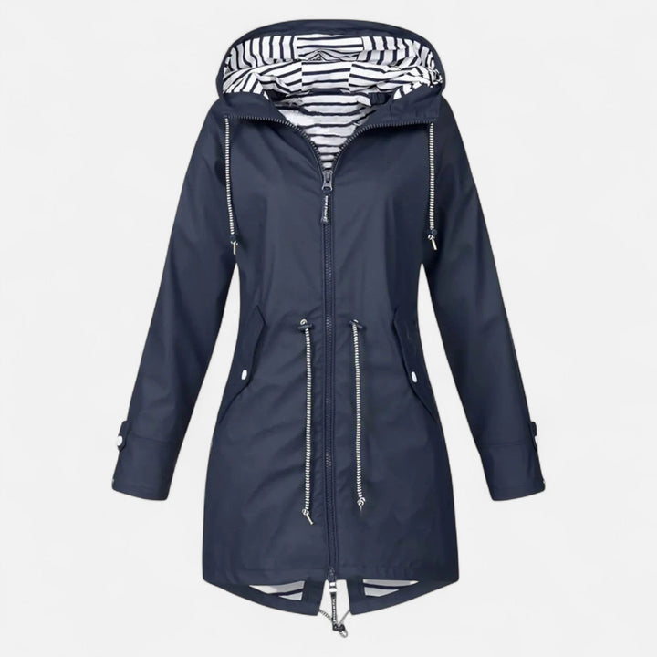 Women's long hooded raincoat with striped lining and zipped pockets