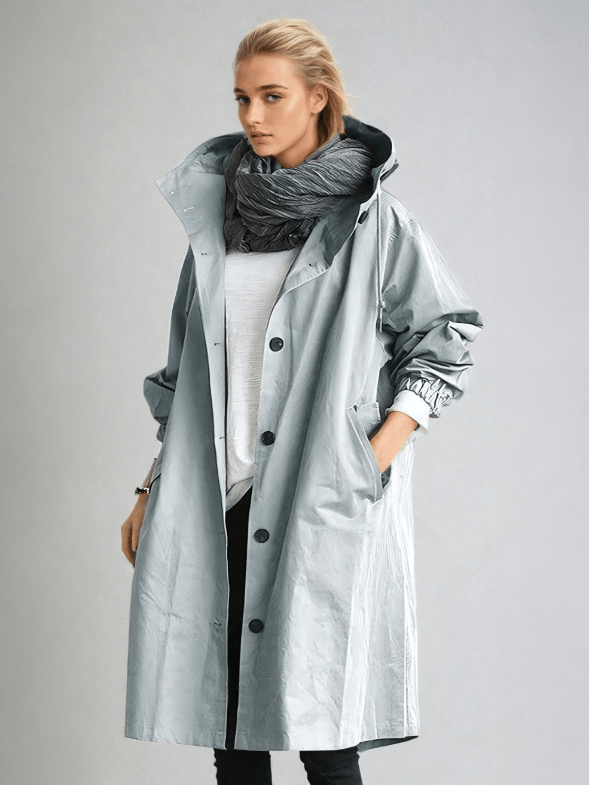 Women's long hooded trench coat with button front and gathered cuffs