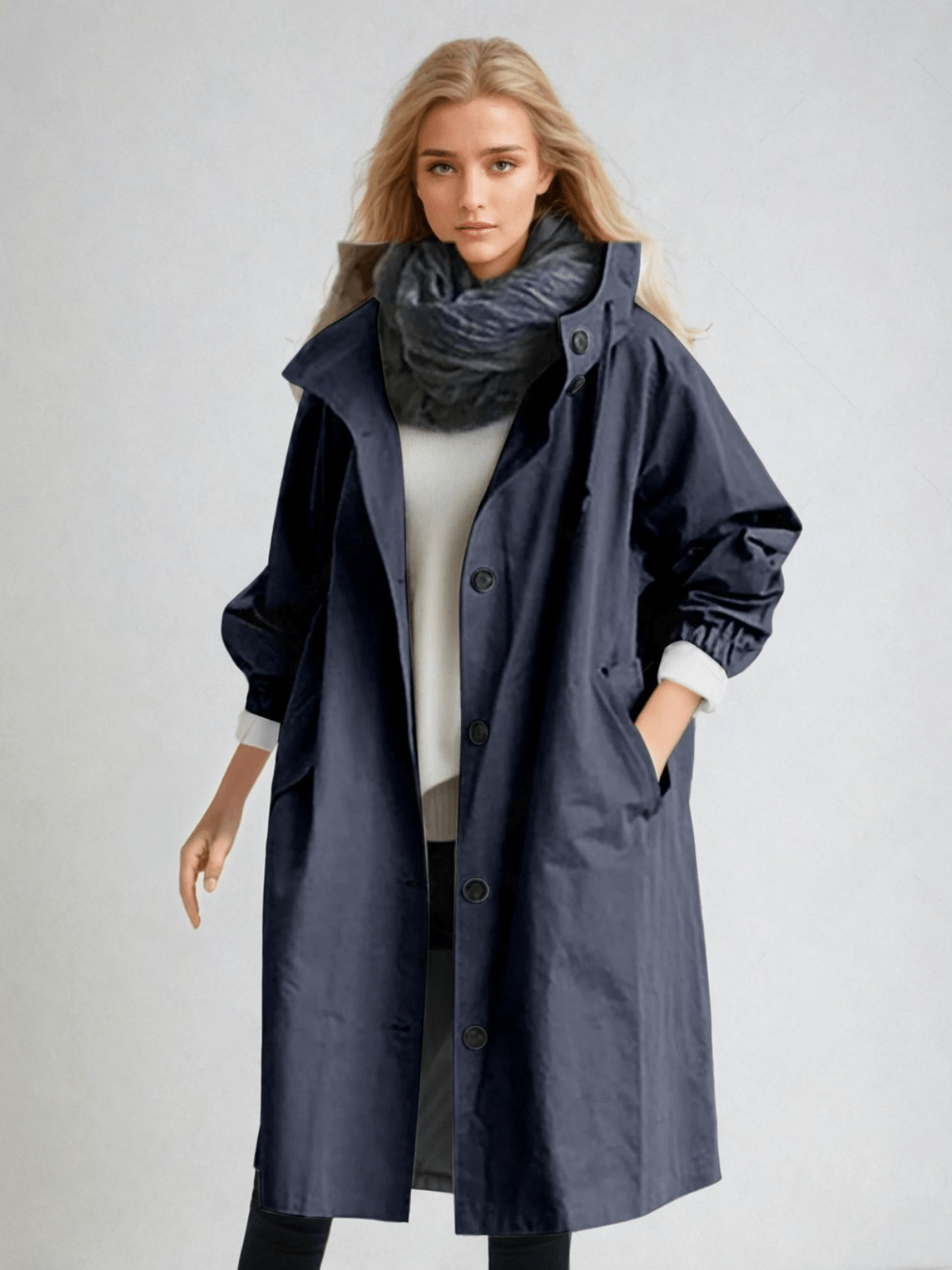 Women's long hooded trench coat with button front and gathered cuffs