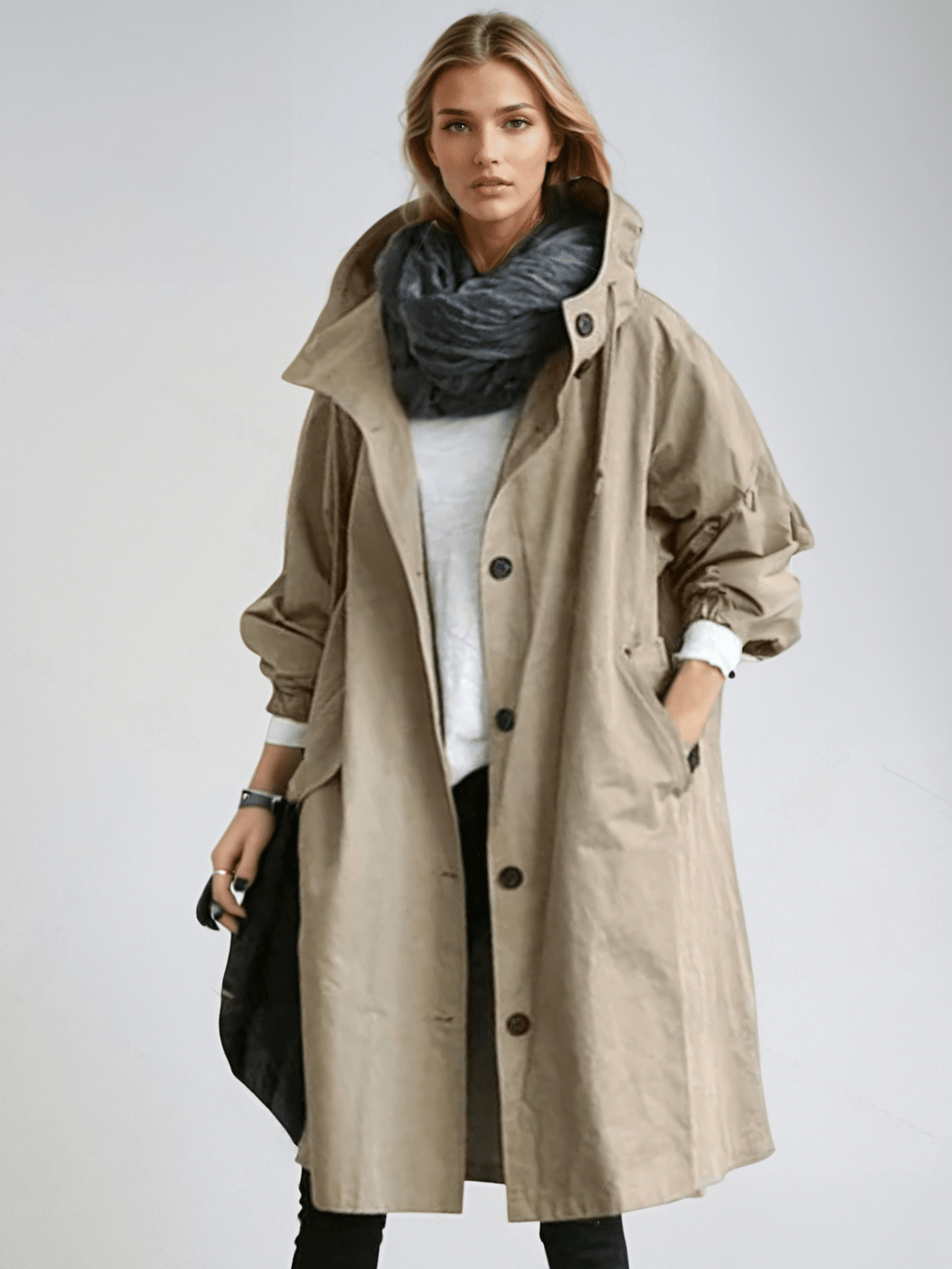 Women's long hooded trench coat with button front and gathered cuffs