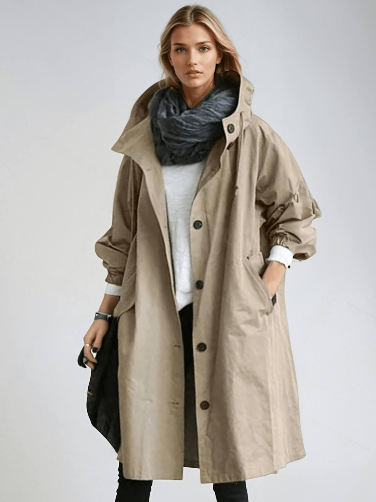 Women's long hooded trench coat with button front and gathered cuffs