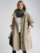 Women's long hooded trench coat with button front and gathered cuffs