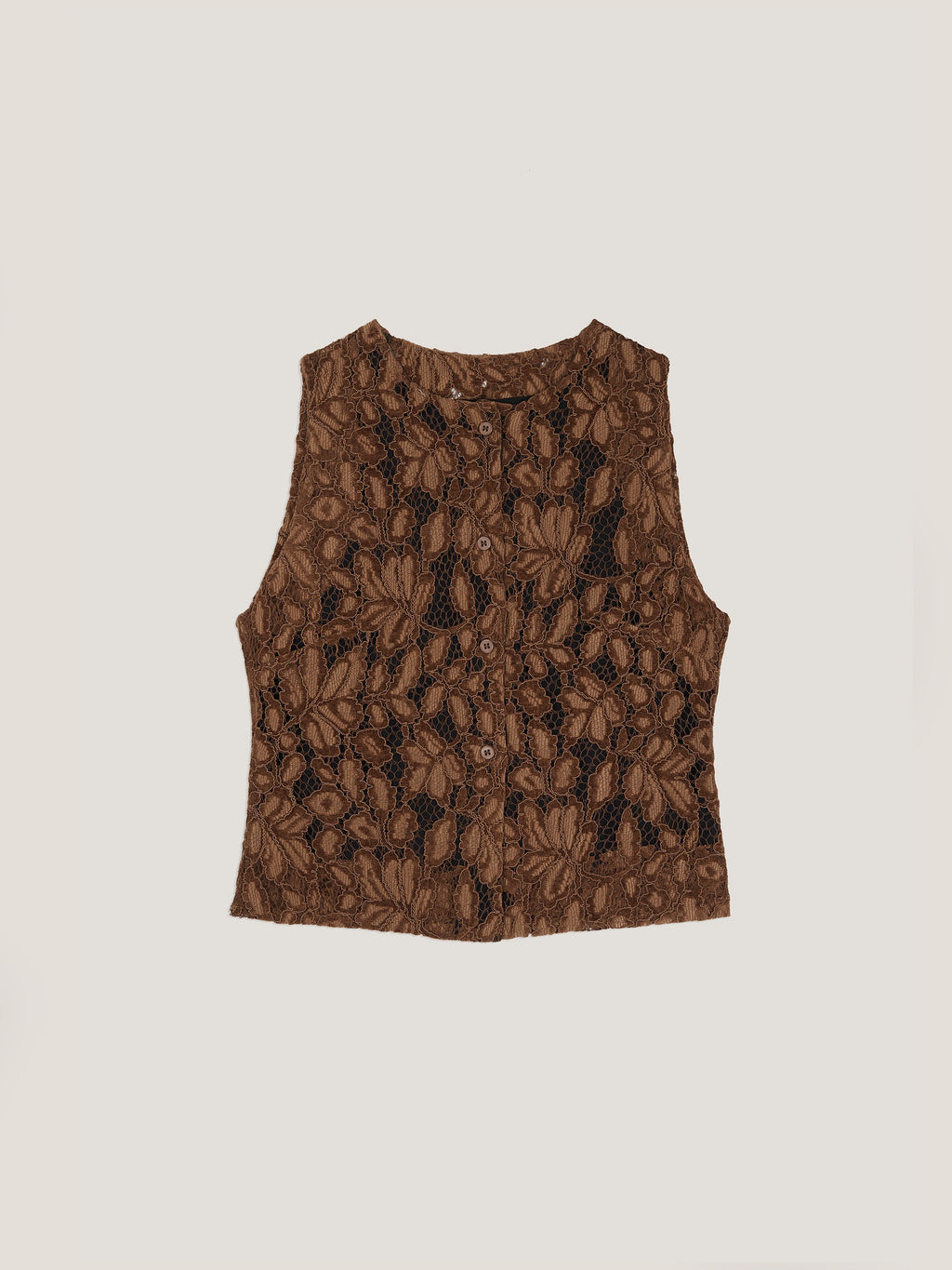 Women's brown floral lace sleeveless cropped top with front buttons