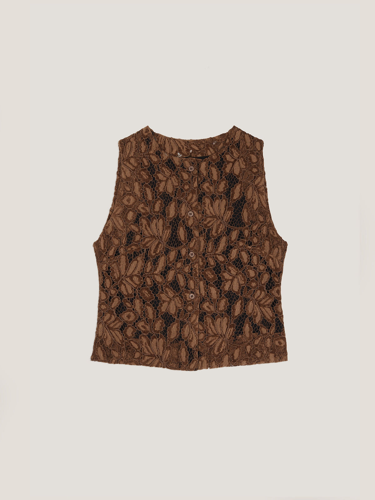 Women's brown floral lace sleeveless cropped top with front buttons