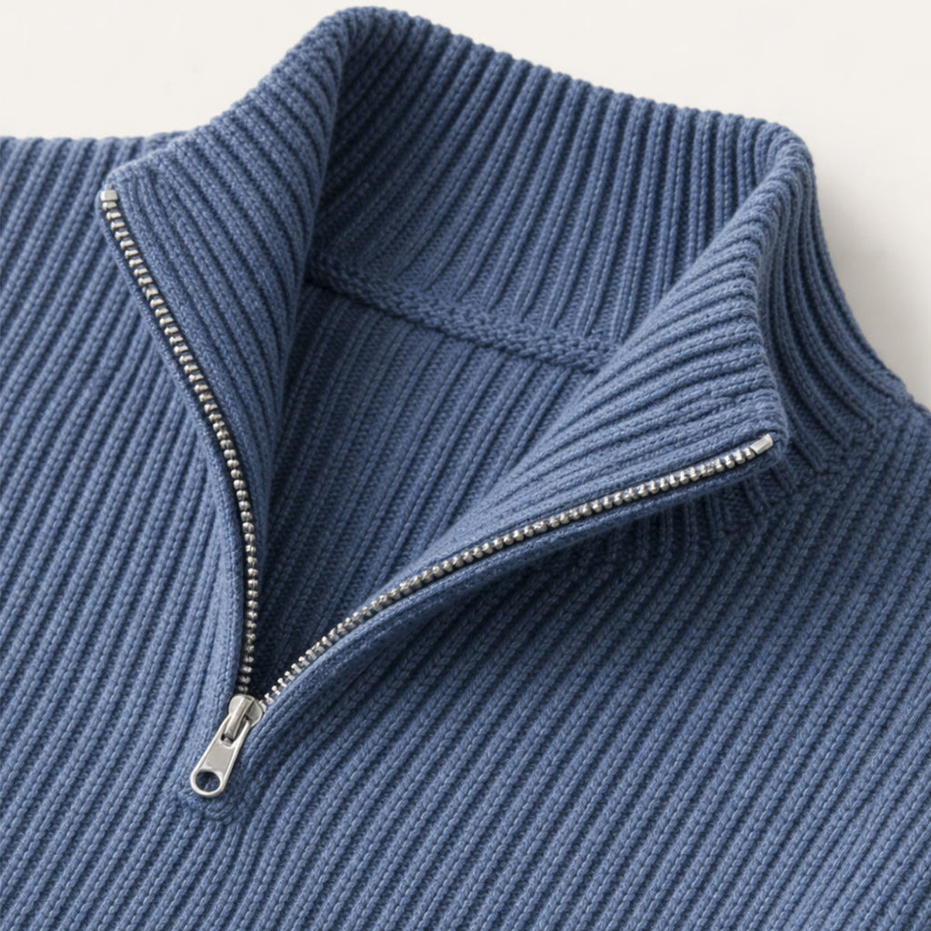 Men's ribbed half zip sweater with high neck and long sleeves