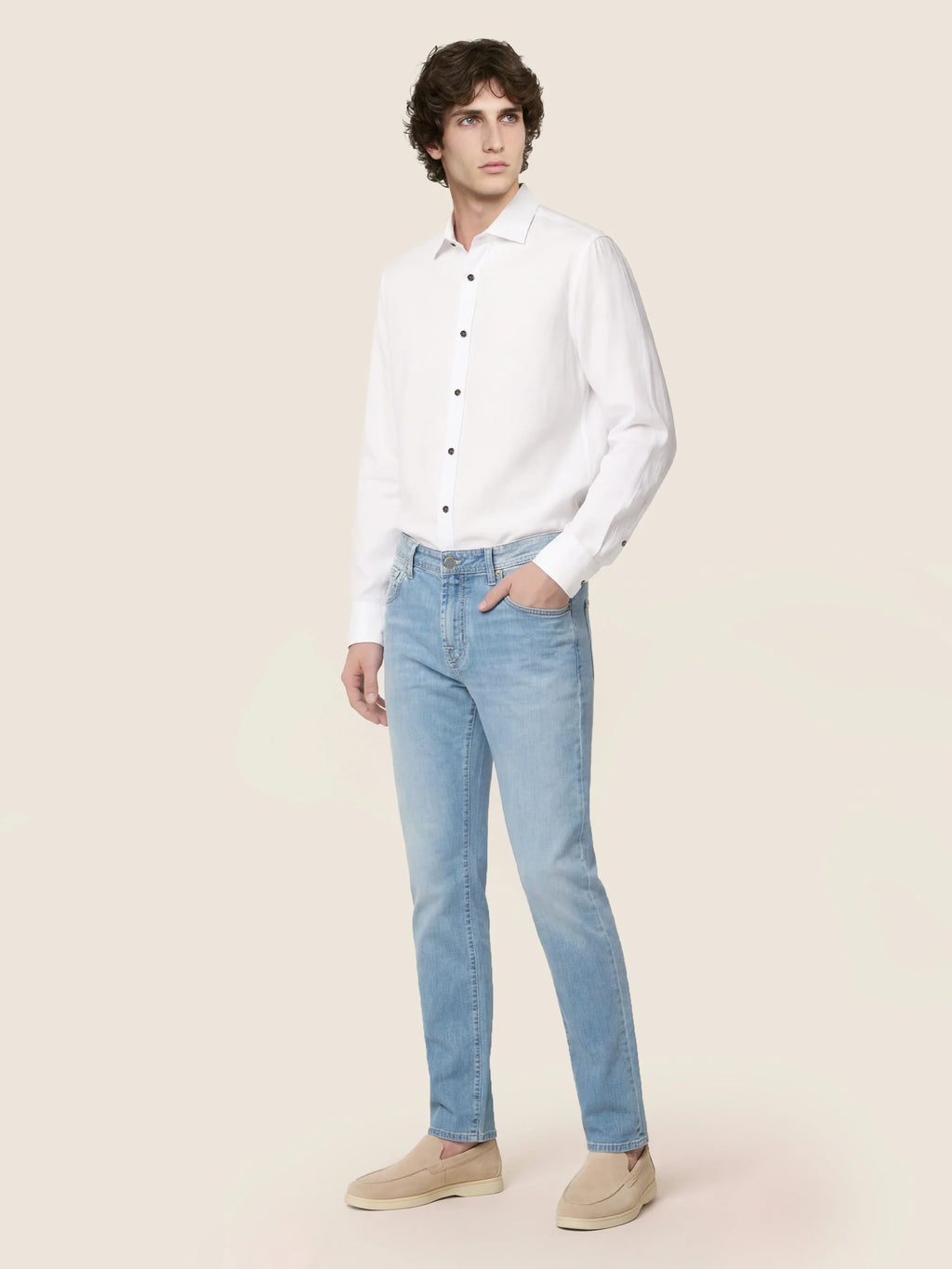 Men's light blue straight leg jeans with five-pocket styling