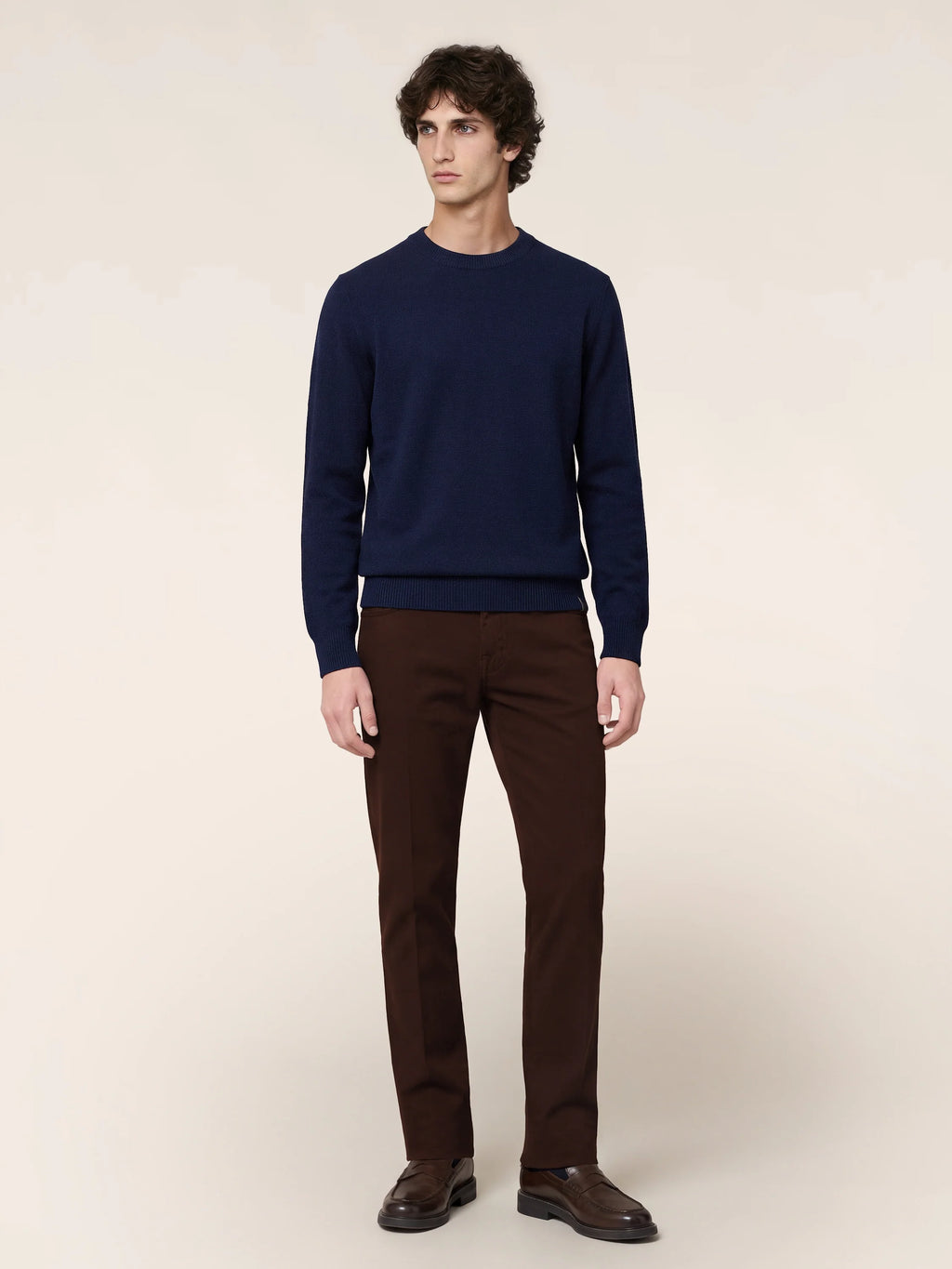 Men's navy crew neck sweater with long sleeves and ribbed trim