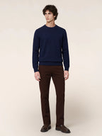 Men's navy crew neck sweater with long sleeves and ribbed trim