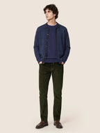 Men's blue checked jacquard cardigan with collar and button front