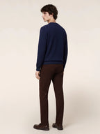 Men's navy crew neck sweater with long sleeves and ribbed trim