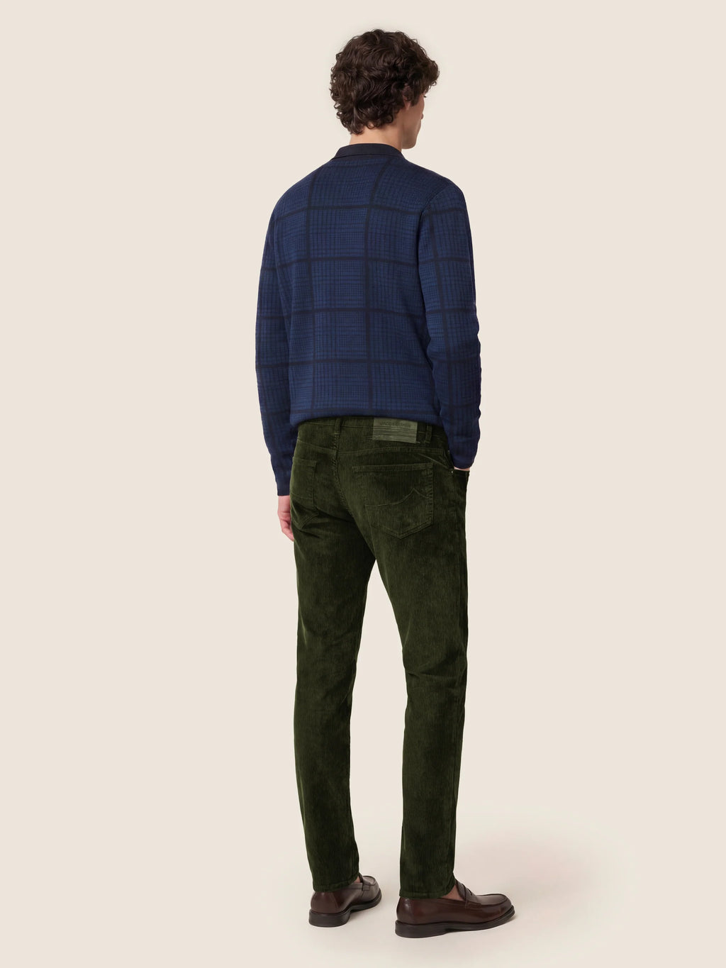 Men's blue checked jacquard cardigan with collar and button front