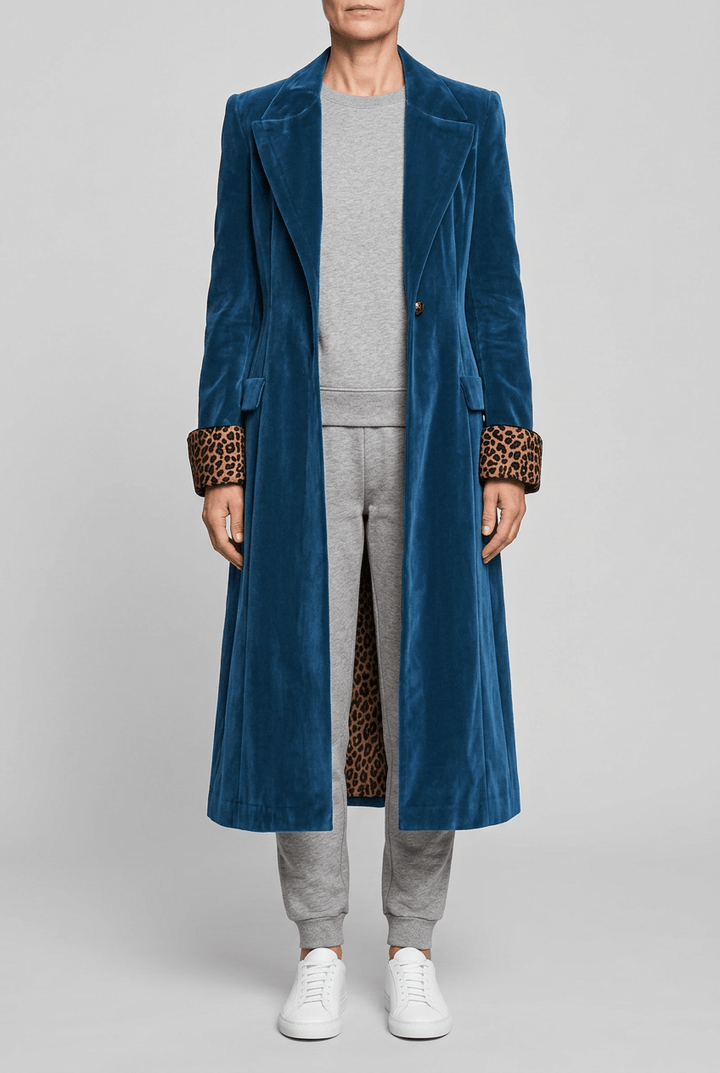 Women's Tailored Velvet Maxi Coat with Leopard Print Lining