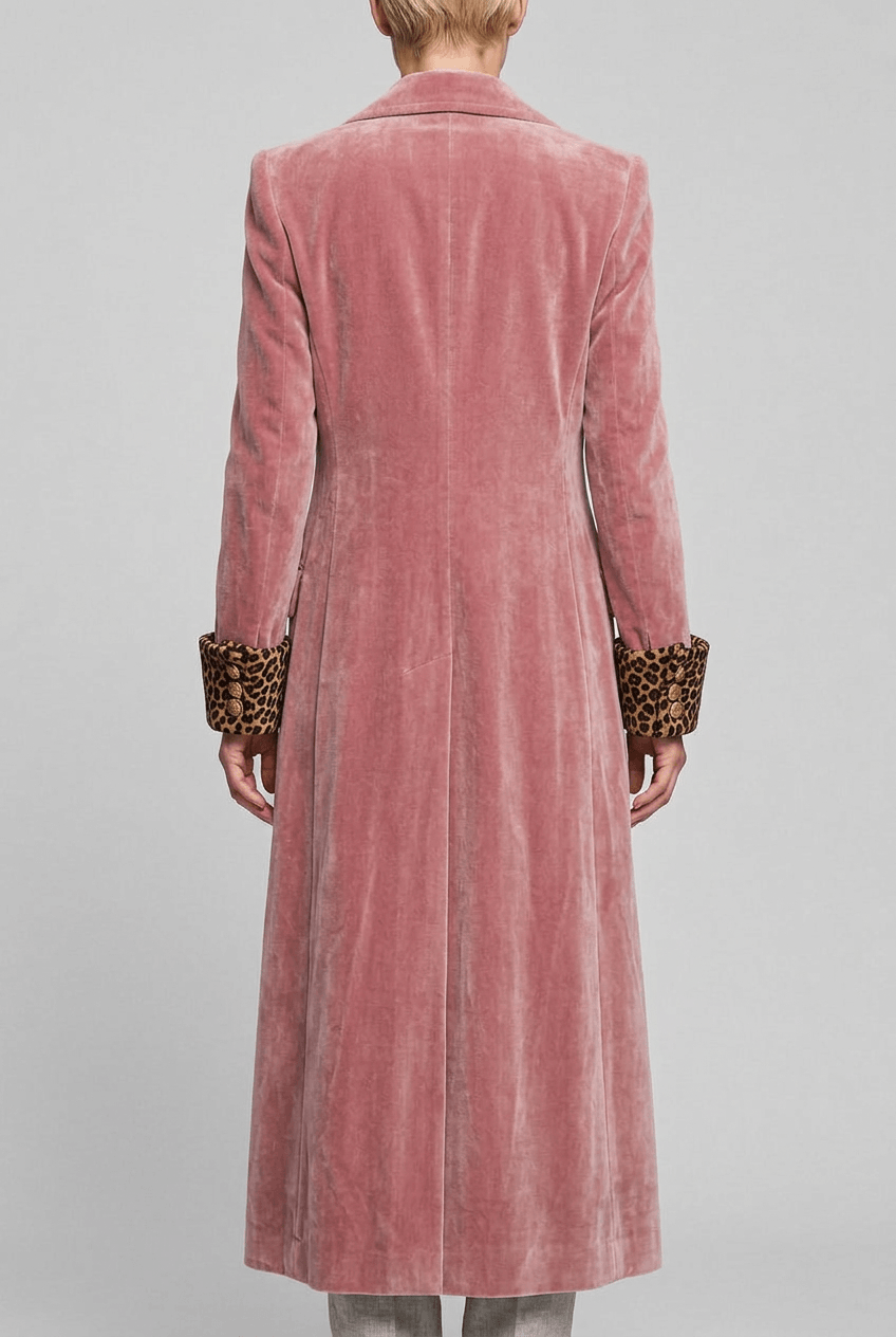 Women's Tailored Velvet Maxi Coat with Leopard Print Lining
