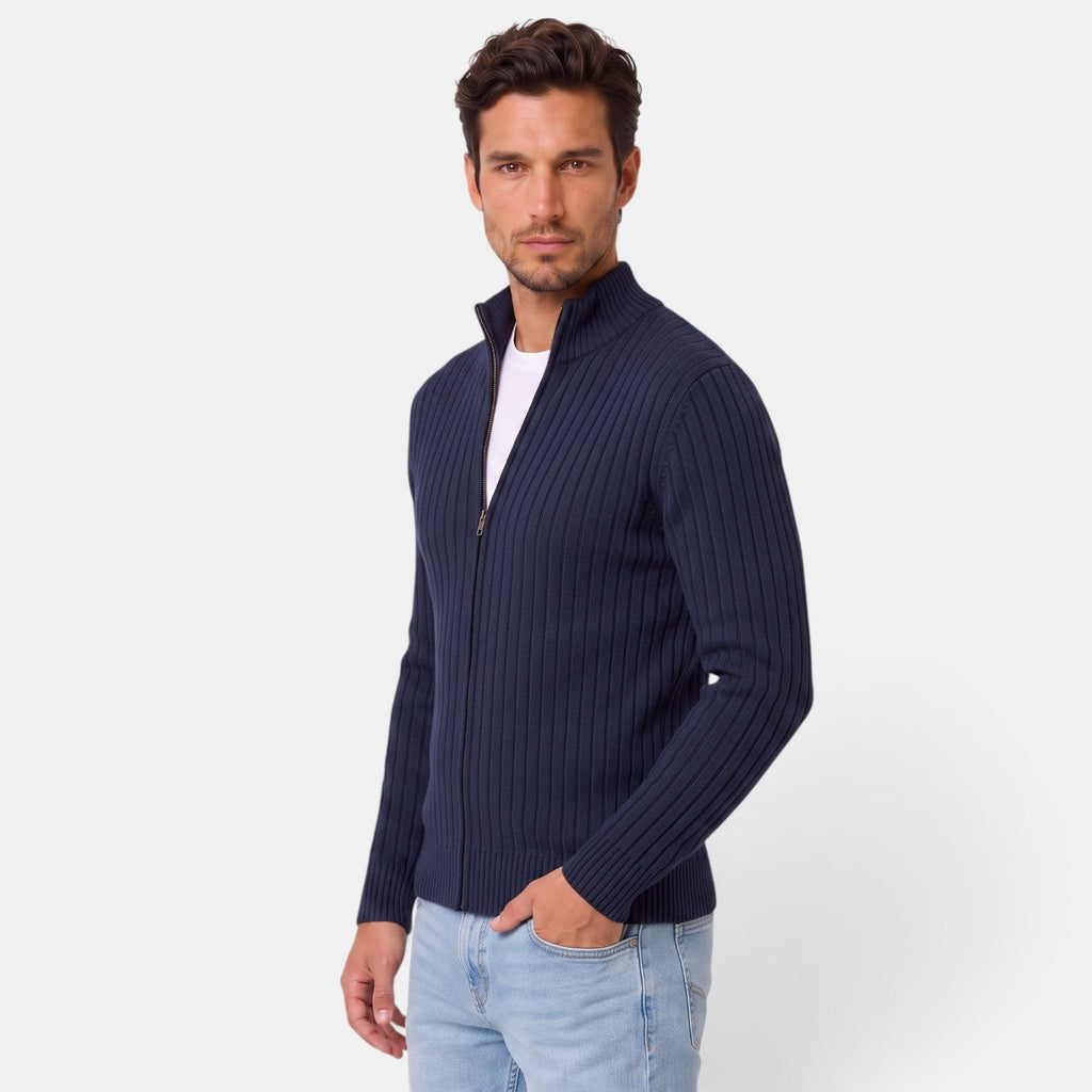 Men's ribbed knit cardigan with high collar and front zipper