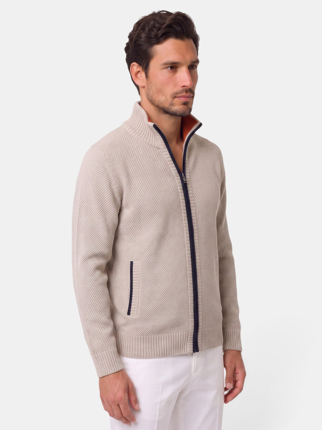 Men's textured knitted zip-up sweater with stand collar and front pockets