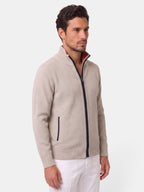 Men's textured knitted zip-up sweater with stand collar and front pockets