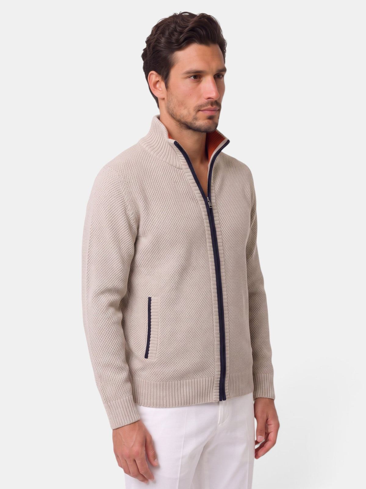 Men's textured knitted zip-up sweater with stand collar and front pockets