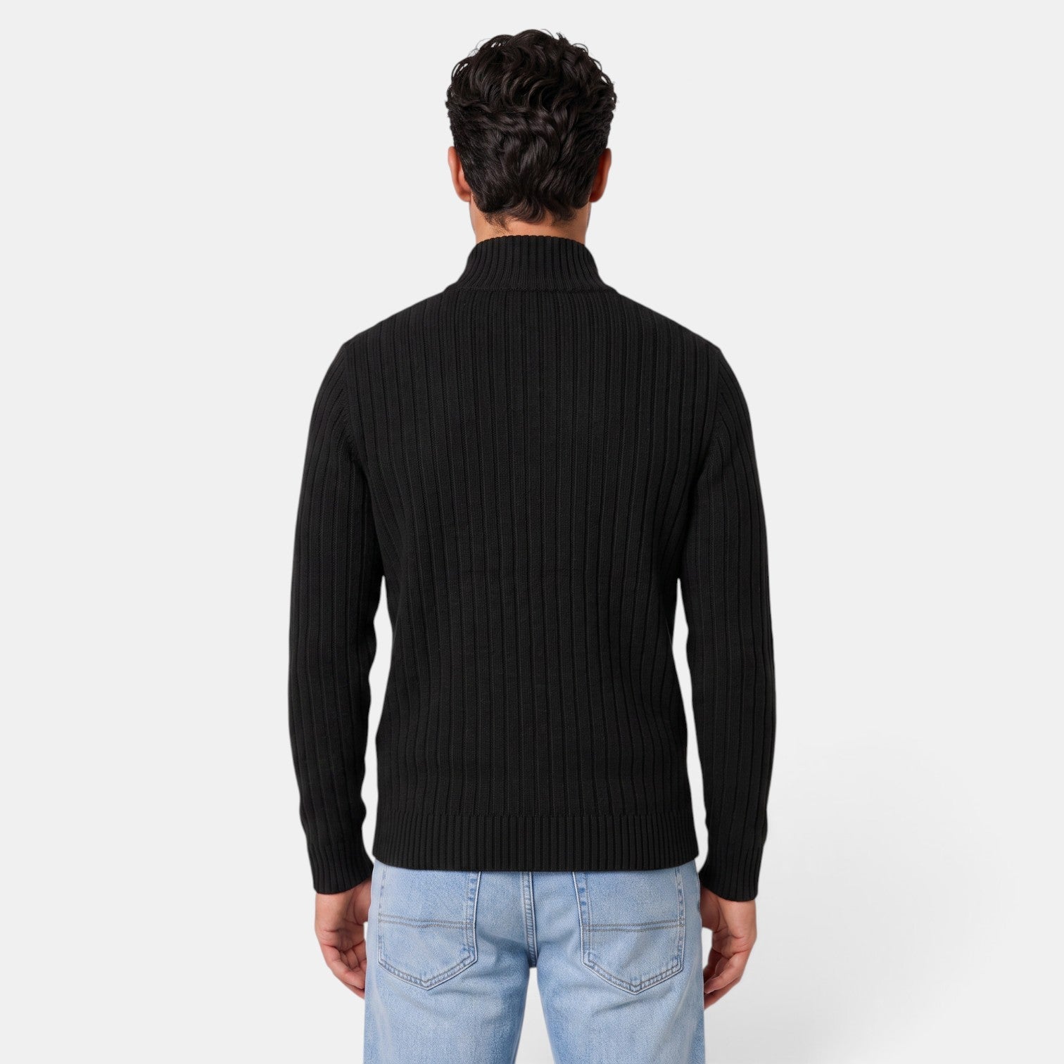 Men's ribbed knit cardigan with high collar and front zipper